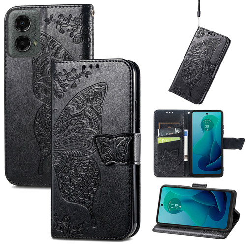 Moto G 5G 2024 Butterfly Love Flower Embossed Leather Phone Case - Black